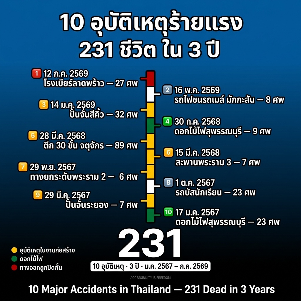อินโฟกราฟิกสีเข้มแสดงไทม์ไลน์ 10 อุบัติเหตุร้ายแรงในประเทศไทย 2566–2569 แยกสีตามประเภท: เหลือง (ก่อสร้าง) เขียว (ดอกไม้ไฟ) แดง (ทางออกถูกปิดกั้น) ตัวเลข 231 ใหญ่ด้านล่างคือยอดผู้เสียชีวิตรวม