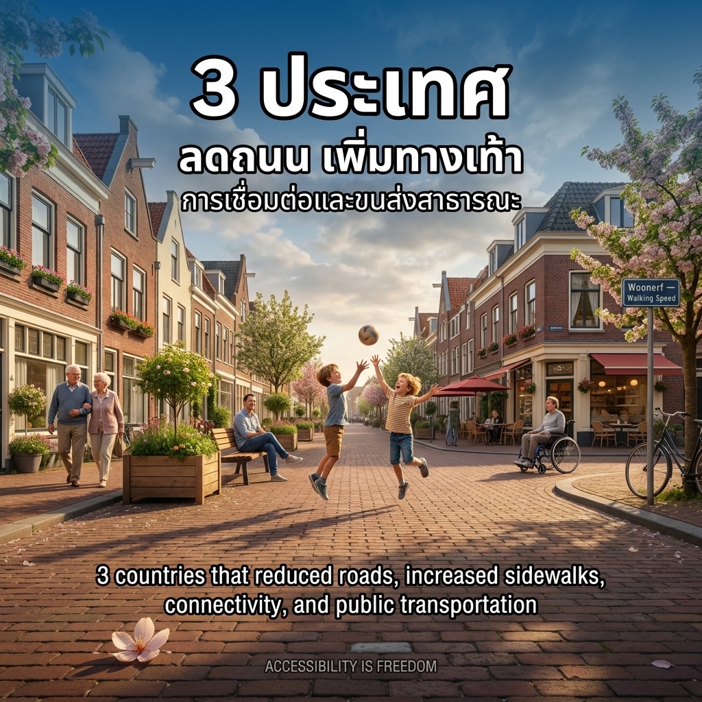 ถนนวูเนิร์ฟอิฐแดงยามเย็น ไร้ขอบทางและรถยนต์ เด็กสองคนกำลังเล่นลูกบอล คู่สามีภรรยาสูงวัยเดินเคียงกัน ผู้ใช้รถเข็นวีลแชร์กำลังเคลื่อนที่ จักรยานจอดใต้ต้นซากุระ ป้าย "Woonerf — Walking Speed"