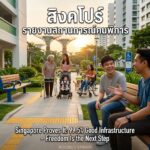 Golden-hour garden, Singapore. An autistic man laughs with friends on a bench; an elderly woman with a walker chats with a mom pushing a stroller; a wheelchair user laughs, dog on lap. Wide path, tactile dots before 1:12 ramp.