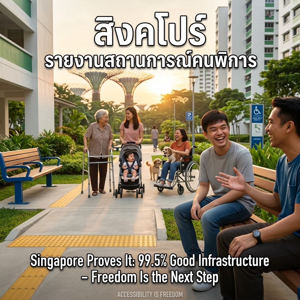 Golden-hour garden, Singapore. An autistic man laughs with friends on a bench; an elderly woman with a walker chats with a mom pushing a stroller; a wheelchair user laughs, dog on lap. Wide path, tactile dots before 1:12 ramp.