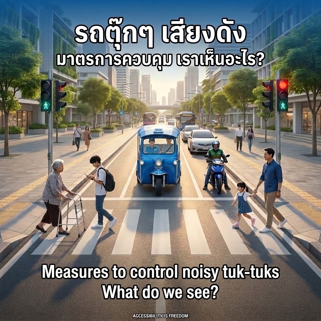Elderly woman with walker crosses zebra crosswalk. Blue EV tuk-tuk behind stop line, green walk signal lit. Father and daughter crossing. Thai-English text on tuk-tuk noise measures. ACCESSIBILITY IS FREEDOM watermark.