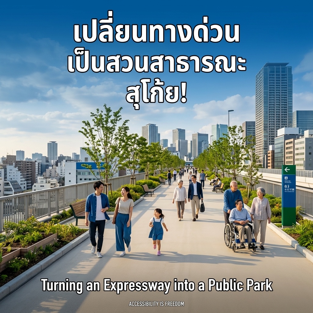 เปลี่ยนทางด่วนเป็นสวนสาธารณะ โตเกียว Tokyo Sky Corridor สวนลอยฟ้า ผู้คนกำลังเดินบนทางเดินกว้างไร้สิ่งกีดขวาง วิวตึกกินซ่า เพื่อนคุยกัน เด็กวิ่งเล่น คู่สูงวัย และผู้ใช้รถเข็นกำลังเคลื่อนที่ไปพร้อมกัน