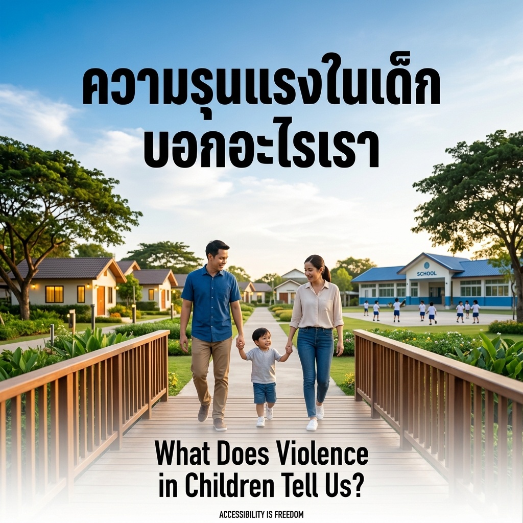 Thai family of three crossing a wooden footbridge hand-in-hand at golden hour, smiling, moving toward a village and school where children play safely. Blue sky, clouds, trees. Text: What Does Violence in Children Tell Us?