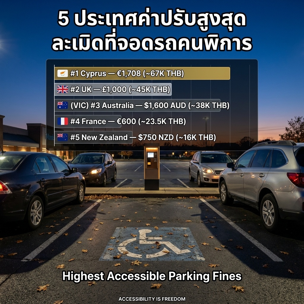 ภาพถ่ายช่วงสนธยาที่ลานจอดรถคนพิการ สัญลักษณ์ผู้ใช้รถเข็นจางบนพื้น มีใบไม้ร่วงทับ ซ้อนด้วยกราฟแท่งค่าปรับสูงสุด 5 ประเทศ อันดับ 1 ไซปรัส (€1,708) ตามด้วยสหราชอาณาจักร ออสเตรเลีย ฝรั่งเศส และนิวซีแลนด์