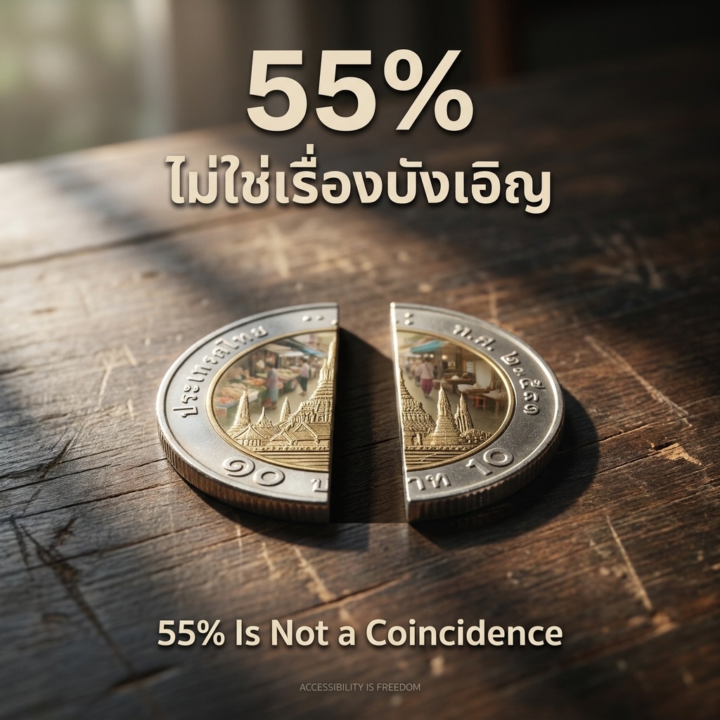 A Thai 10-baht coin split in two on dark wood. The gap represents a 22% wage gap; within it, shadow covers 55%—discrimination unexplained by education or experience. Morning light from left. Text overlay: 55% Is Not a Coincidence.