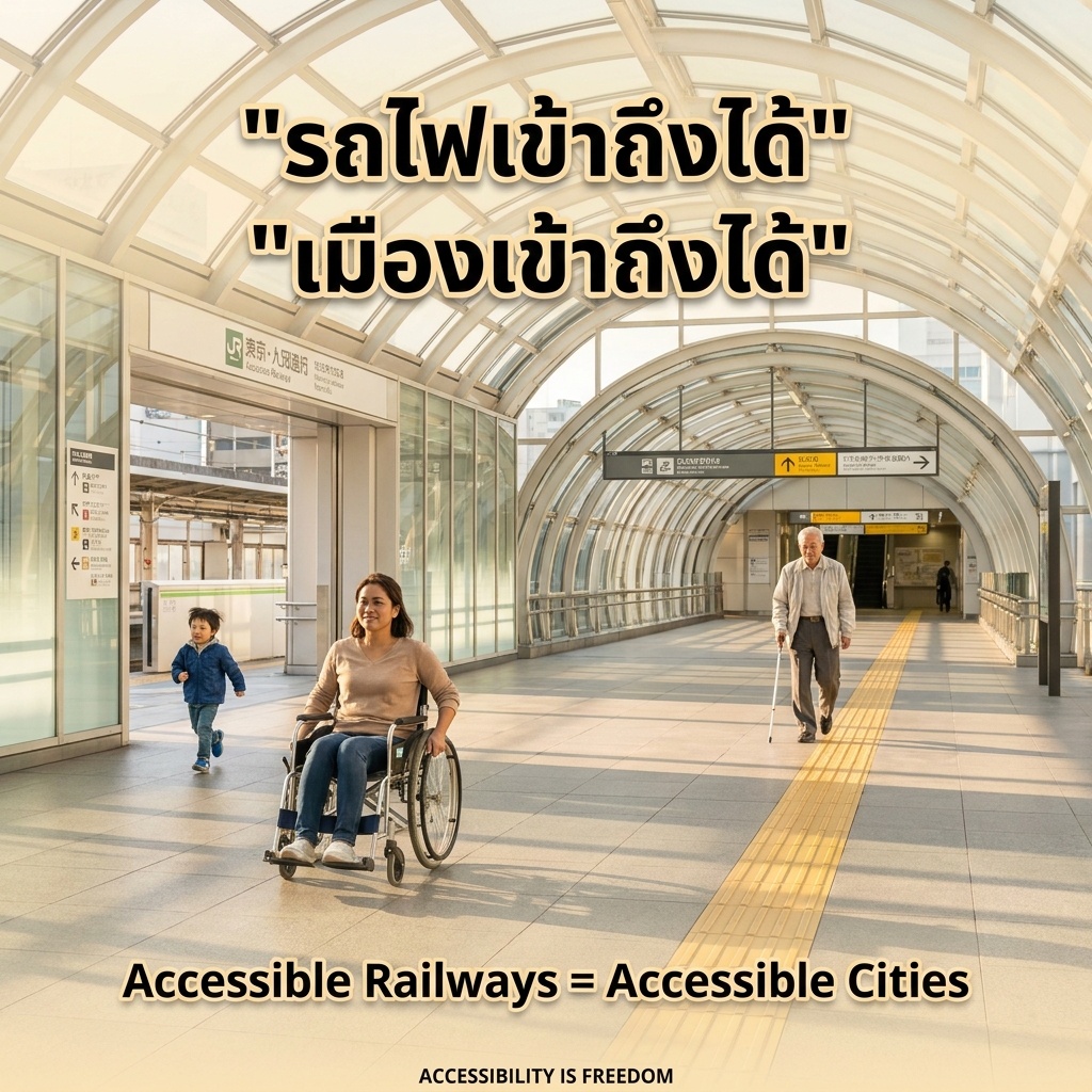 Tokyo station concourse, morning light through glass ceilings. A woman in a wheelchair moves independently, a child runs behind. An elderly man with visual impairment walks on yellow tactile paving with white cane. Warm, hopeful.
