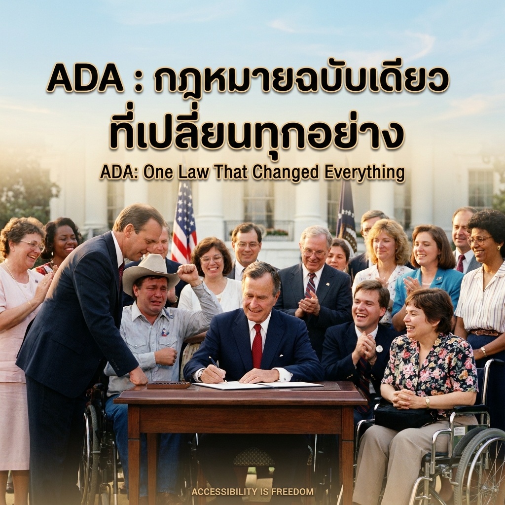 Documentary photograph of the ADA signing ceremony, White House, July 26 1990. President George H.W. Bush signs the ADA into law surrounded by emotional disability rights activists. Judy Heumann in wheelchair near the president.