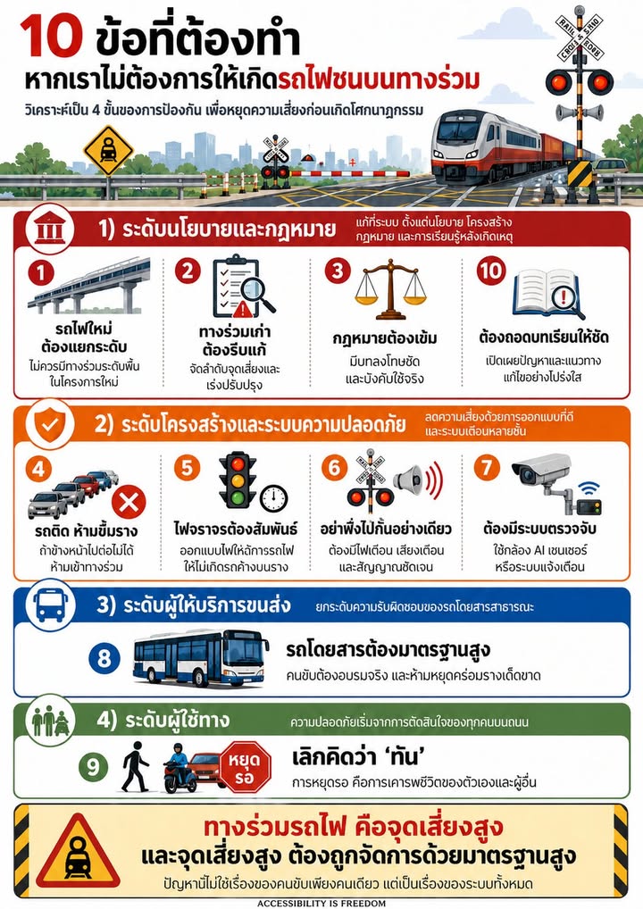 10 ข้อที่ต้องทำ ถ้าเราไม่ต้องการให้เกิดรถไฟชนบนทางร่วม