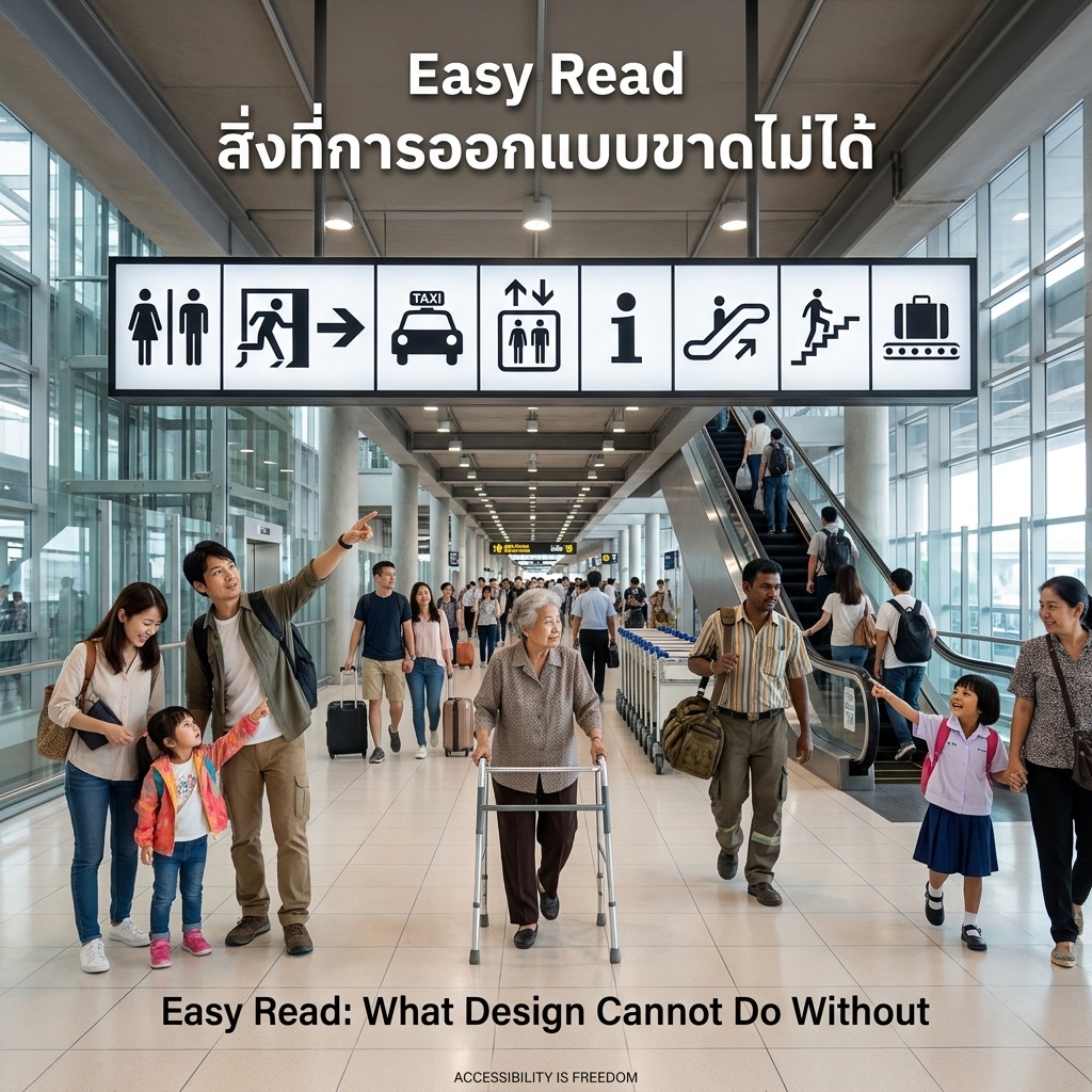 Wide terminal with modern architecture, glass walls, polished floors. Large backlit pictogram sign panel: restroom, exit, taxi, elevator, information, escalator, stairs, baggage claim. Diverse crowd: Japanese family, elderly Thai woman with walker, worker with duffel bag, child pointing at escalator. Header: "Easy Read" / "สิ่งที่การออกแบบขาดไม่ได้". Sub-header: "Easy Read: What Design Cannot Do Without". Watermark: "ACCESSIBILITY IS FREEDOM".