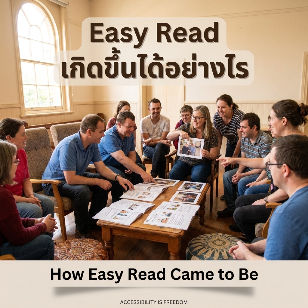 A self-advocacy circle in a sunlit community room: diverse people lean in around a low table with Easy Read documents and photos — pointing, discussing, deciding together, no one spoken for.