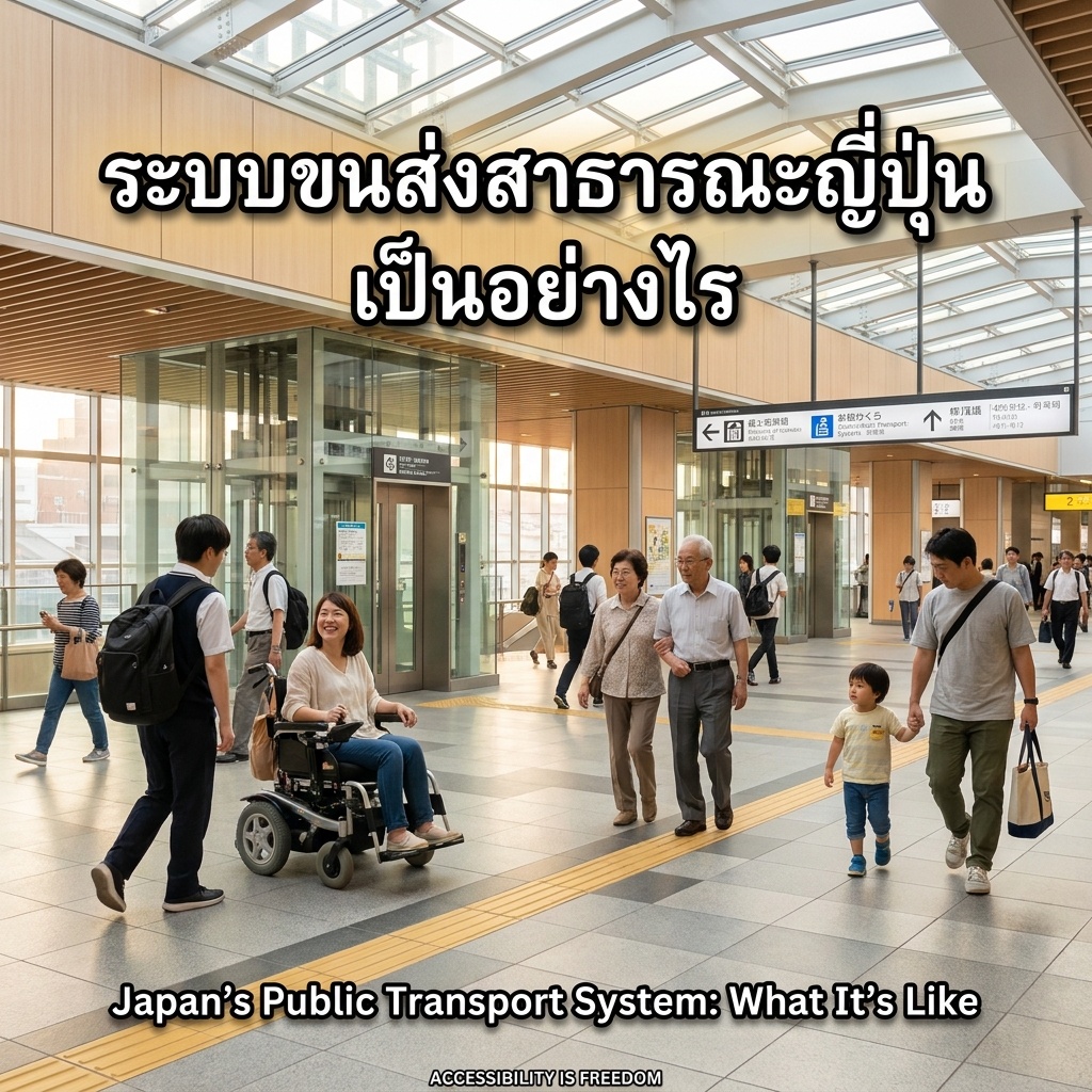 ภายในสถานีรถไฟญี่ปุ่นทันสมัย หลังคากระจก แสงธรรมชาติ ทางเดินกว้างมีกระเบื้องนำทางสีเหลือง ผู้ใช้รถเข็น นักเรียน ผู้สูงอายุเดินคู่กัน และครอบครัวสัญจรร่วมกัน มีลิฟต์กระจกและป้ายสัญลักษณ์การเข้าถึง