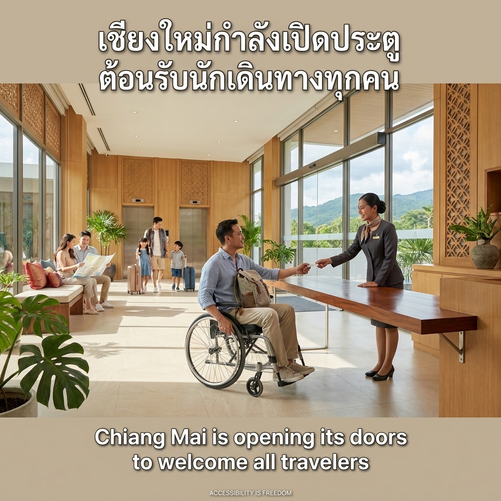 A wheelchair traveler checks in at a step-free Chiang Mai hotel lobby. Integrated ramp, wide doors frame green foothills. Receptionist hands over key card warmly. Other guests share the space. Text welcomes all travelers.