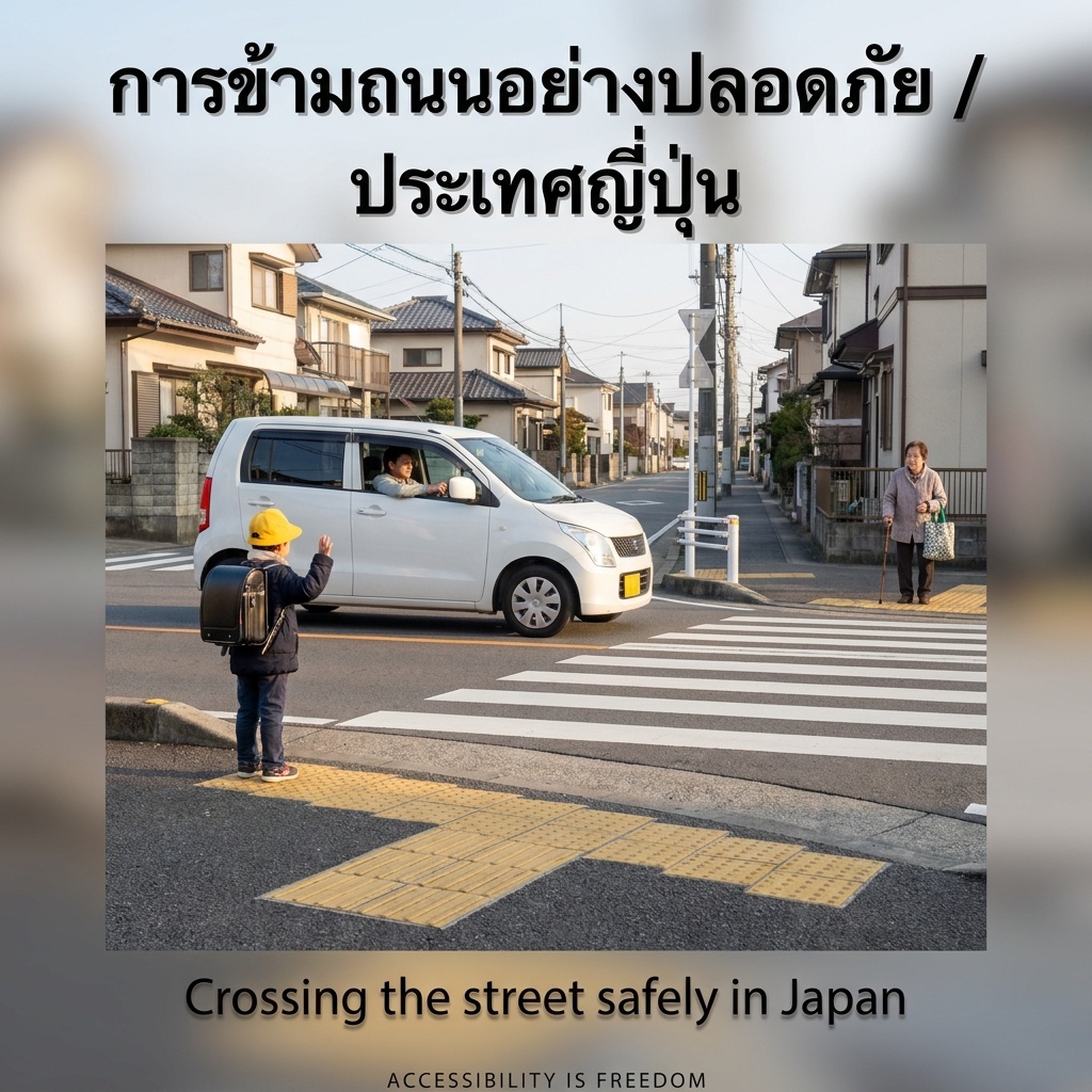 เด็กหมวกเหลืองกำลังยกมือข้ามทางม้าลายชานเมือง รถเคคาร์ขาวหยุดให้ เห็นคนขับ ผู้สูงอายุถือไม้เท้ารอ เท็นจิบล็อกเหลืองจากทางเท้าสู่ทางข้าม พาดหัว: "การข้ามถนนอย่างปลอดภัย / ประเทศญี่ปุ่น"