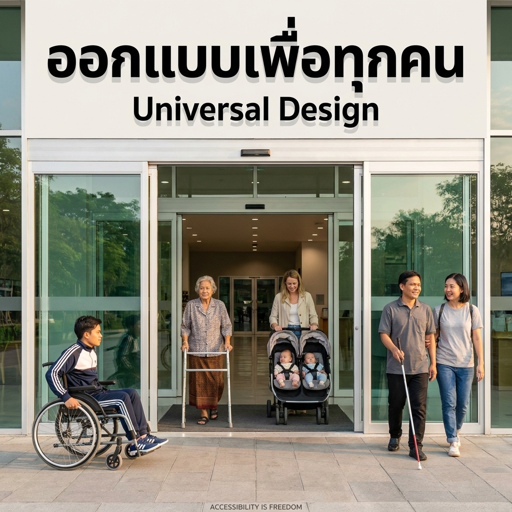 ทางเข้าอาคารสาธารณะในไทย ประตูกระจกอัตโนมัติ พื้นเสมอไม่มีขั้นบันได หนุ่มวีลแชร์ชุดกีฬาเข็นตัวเอง หญิงสูงวัยใช้โครงช่วยเดินอย่างสงบ คุณแม่เข็นรถเด็กคู่ยิ้มมองลูก ชายตาบอดใช้ไม้เท้าขาวเดินคู่เพื่อนสาวคุยกันผ่อนคลาย ข้อความ "ออกแบบเพื่อทุกคน" และ "Universal Design" อยู่เหนือประตู "ACCESSIBILITY IS FREEDOM" อยู่ด้านล่าง แสงเช้าส่องผ่านกระจกเห็นต้นไม้ท้องฟ้า ทางเข้าเดียวใช้ได้กับทุกคน Building entrance, Thailand. Automatic glass doors, no steps, flush pavement. Young wheelchair user in athletic clothes propels himself. Senior woman with walker, calm. Mother pushes double stroller, smiling at twins. Blind man with white cane walks with a friend, talking. Thai text above: "ออกแบบเพื่อทุกคน"; English: "Universal Design". "ACCESSIBILITY IS FREEDOM" at bottom. Morning light through glass, trees beyond. One entrance for everyone.