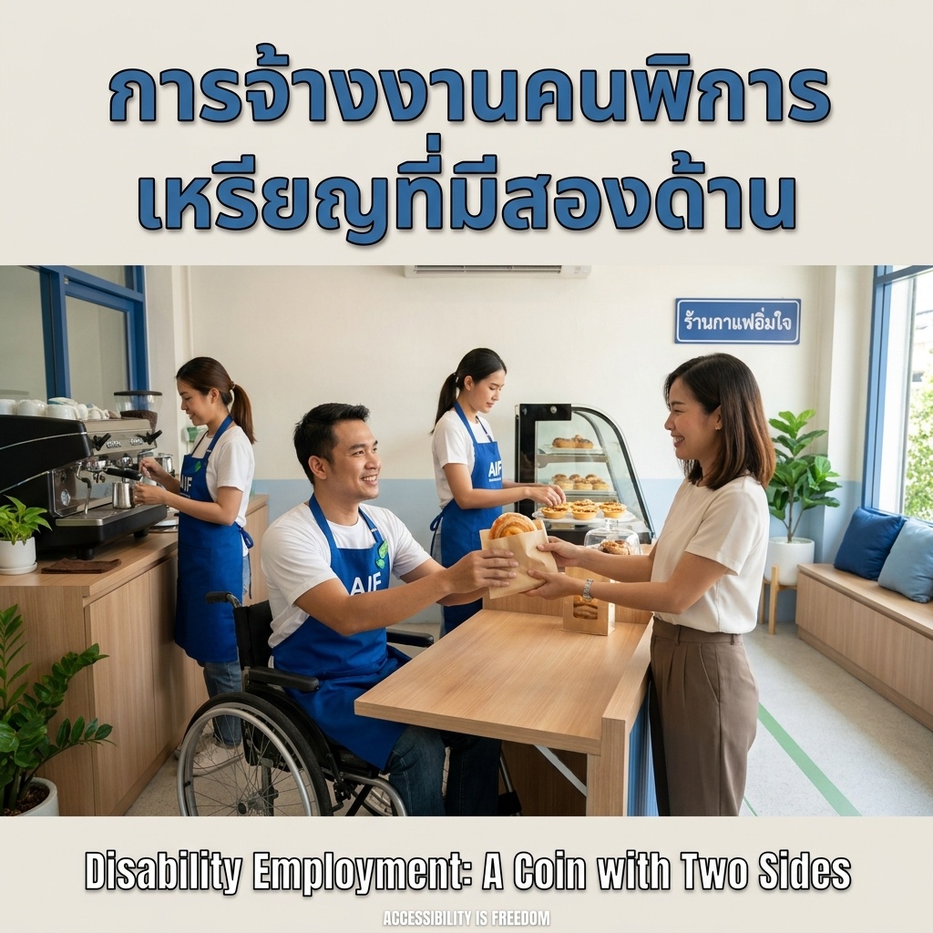 Accessible Thai cafe-bakery: a wheelchair-using staff member hands a pastry to a smiling customer at the lowered counter, eye to eye; two female colleagues work at their stations. 'Disability Employment: A Coin with Two Sides.'