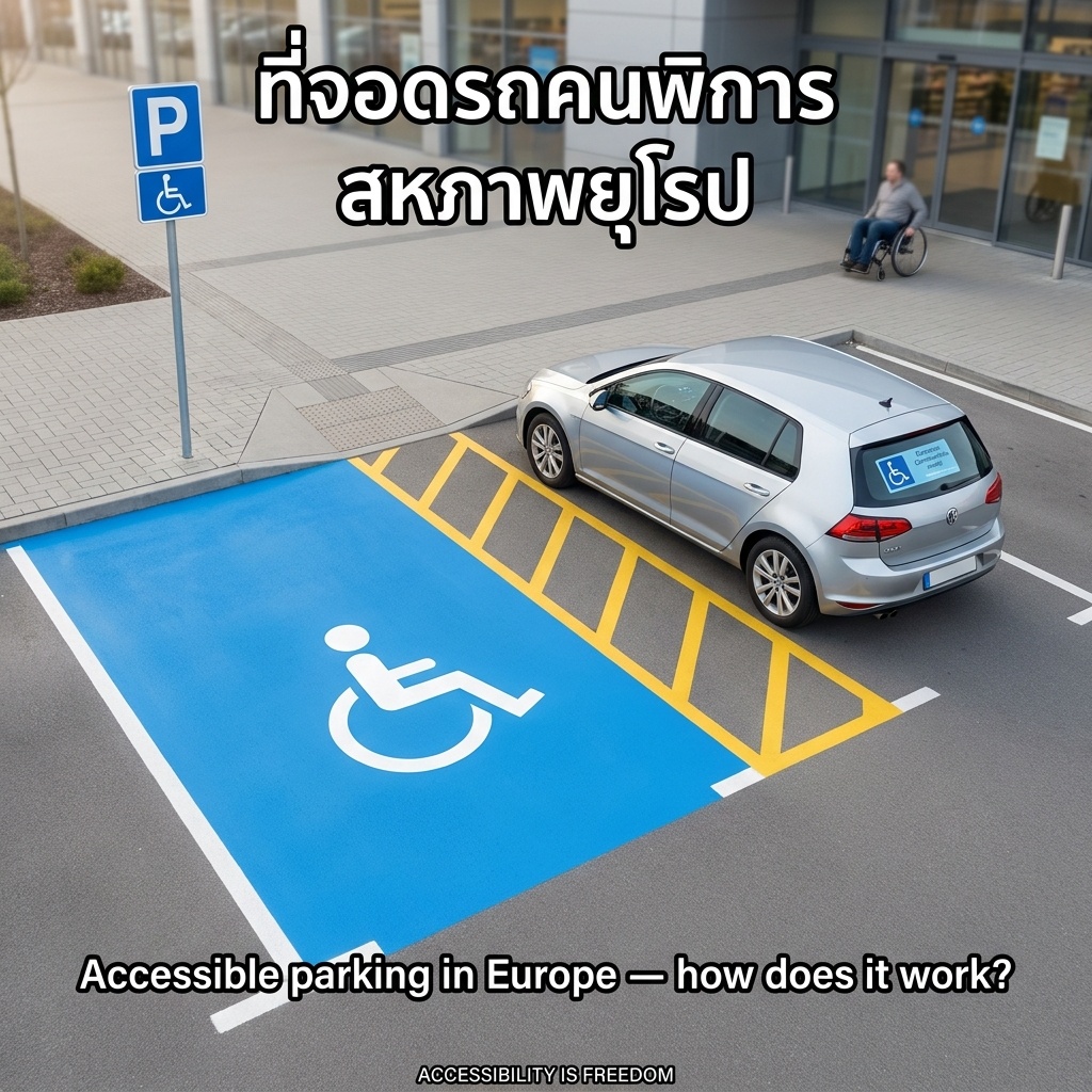 EU accessible parking bay: sky-blue surface, large white wheelchair symbol, yellow-striped access aisle, vertical P+wheelchair sign, silver car with blue EU parking card, curb ramp to sidewalk. Wheelchair user in background.