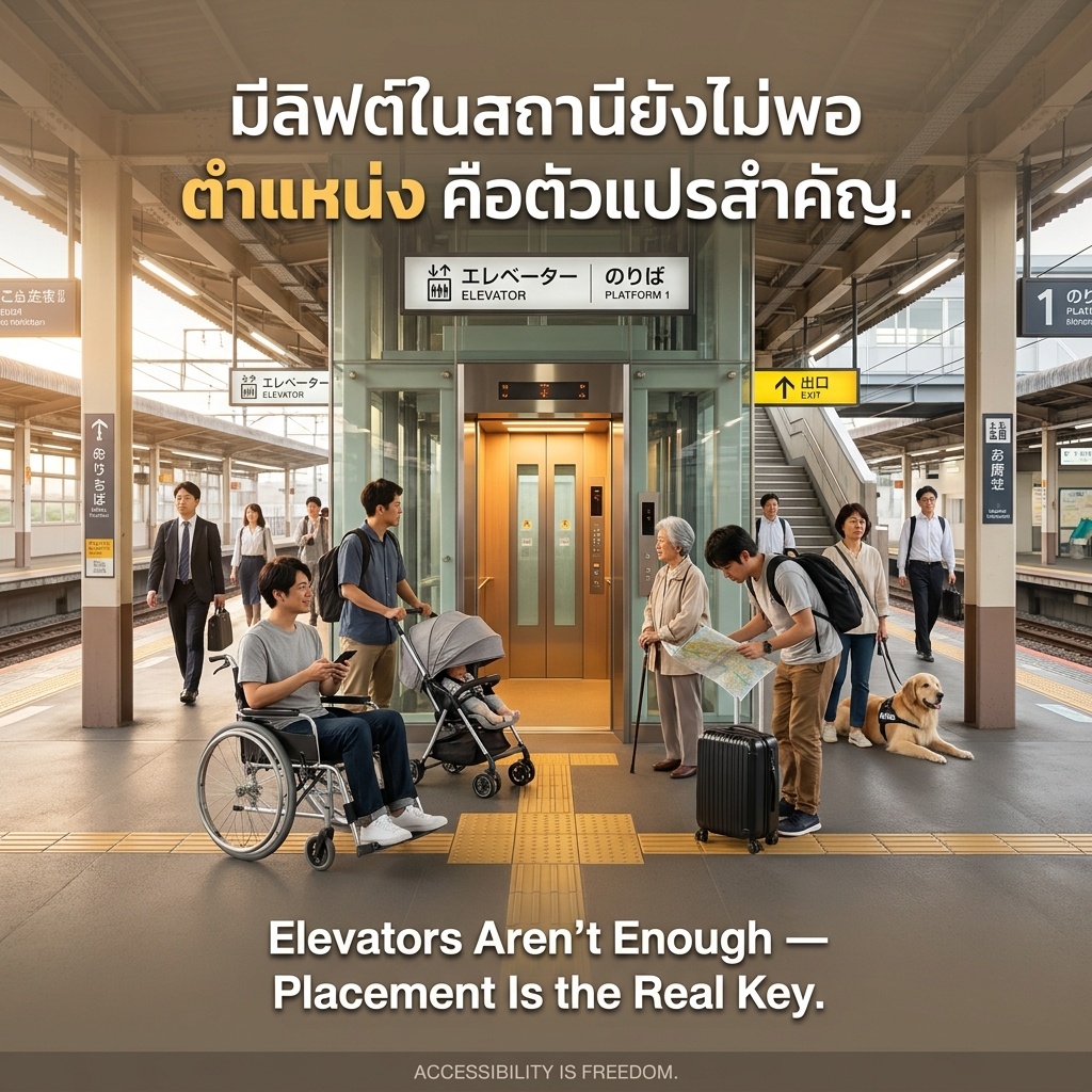 Japanese train station platform. Thai text: elevators alone not enough, placement matters. Wheelchair user, stroller parent, elderly cane user, tourist luggage share one elevator. Morning light, tactile paving, guide dog.