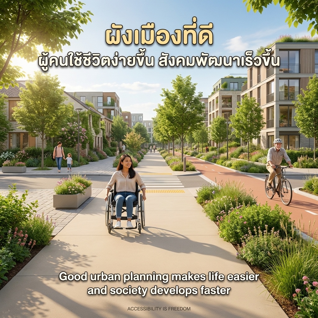 Sunny day in a well-designed neighborhood. SE Asian woman in manual wheelchair moves confidently on smooth sidewalk, tactile paving at crossing. Elderly man cycles on bike lane. Child walks with parent. Trees around. No barriers.