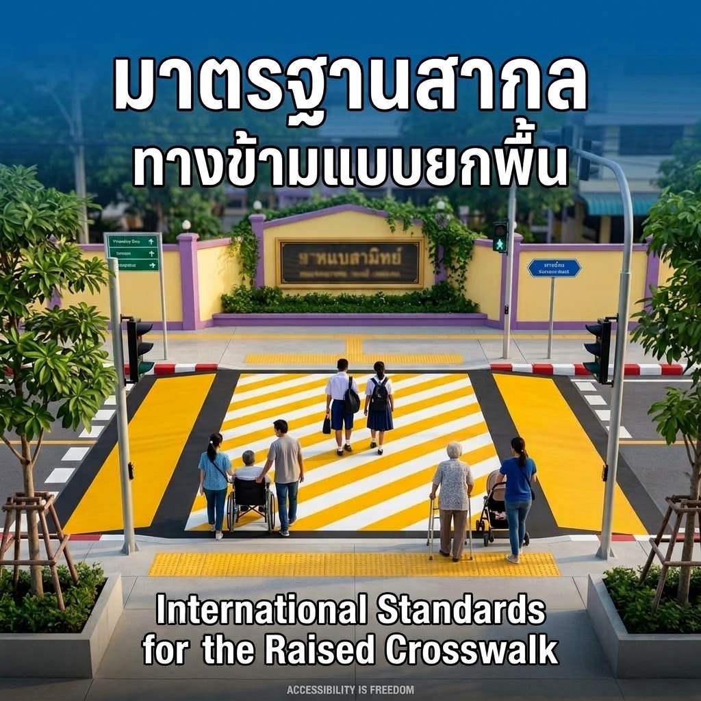 School-front raised crosswalk, yellow-white diagonal stripes and black bands, level with the sidewalk and its yellow tactile band. A wheelchair user with a companion, students, an older walker user and a parent with a pram cross.