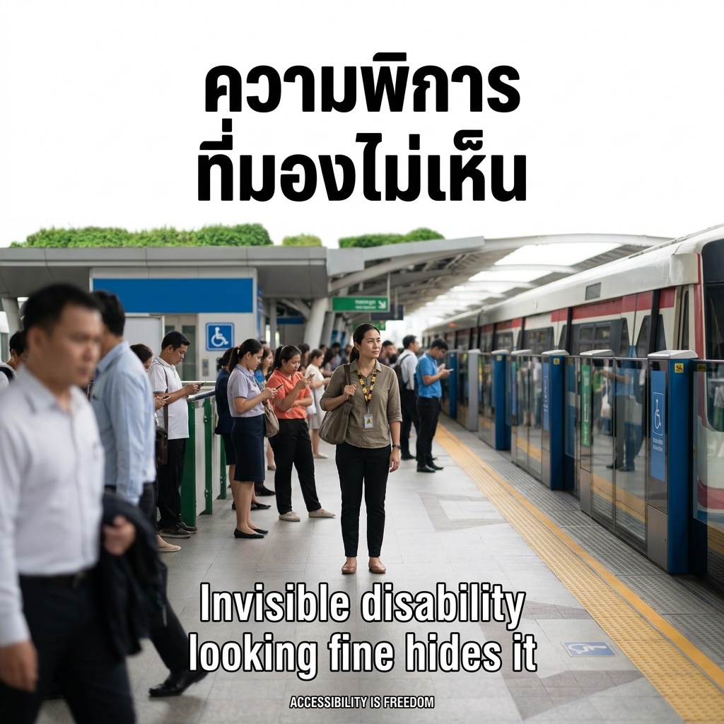 เช้าวันธรรมดาบนชานชาลารถไฟฟ้าบีทีเอส ผู้หญิงไทยวัยกลางคนกำลังยืนรอรถในกลุ่มผู้โดยสาร สายคล้องลายดอกทานตะวันบอกถึงความพิการที่มองไม่เห็น แถบเตือนสีเหลืองและป้ายลิฟต์ ด้านบนภาพมีข้อความ ความพิการ ที่มองไม่เห็น