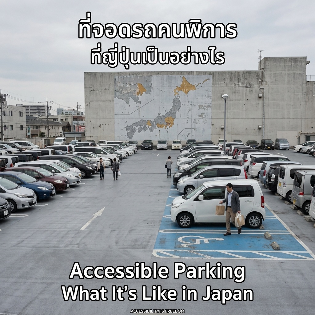 ลานจอดรถในโตเกียวใต้ฟ้าครึ้ม ช่องจอดคนพิการพื้นฟ้ามีสัญลักษณ์รถเข็นสีขาว ชายในชุดลำลองกึ่งทางการกำลังก้าวลงจากรถเคคาร์สีขาว ถือถุงช้อปปิ้ง จิตรกรรมฝาผนังแผนที่ญี่ปุ่นกร่อนลอก ไม่มีป้ายบังคับใช้กฎหมาย