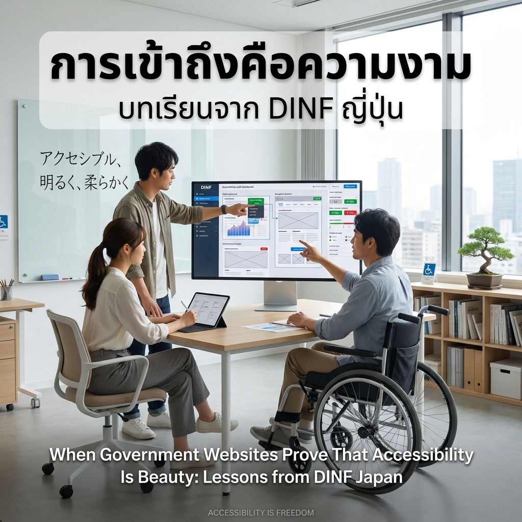 Three designers, including one wheelchair user, collaborate around a DINF monitor in Tokyo. One gestures at wireframes; another points at UI; a third annotates on a tablet. Whiteboard: アクセシブル、明るく、柔らかく. Daylight fills the space.