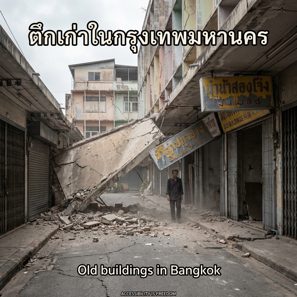 A man in dark clothing walks through a narrow Bangkok alley. A concrete awning has collapsed; rubble and dust cover the ground. Old shophouses on both sides show cracks and peeling paint. The overcast scene is quiet.