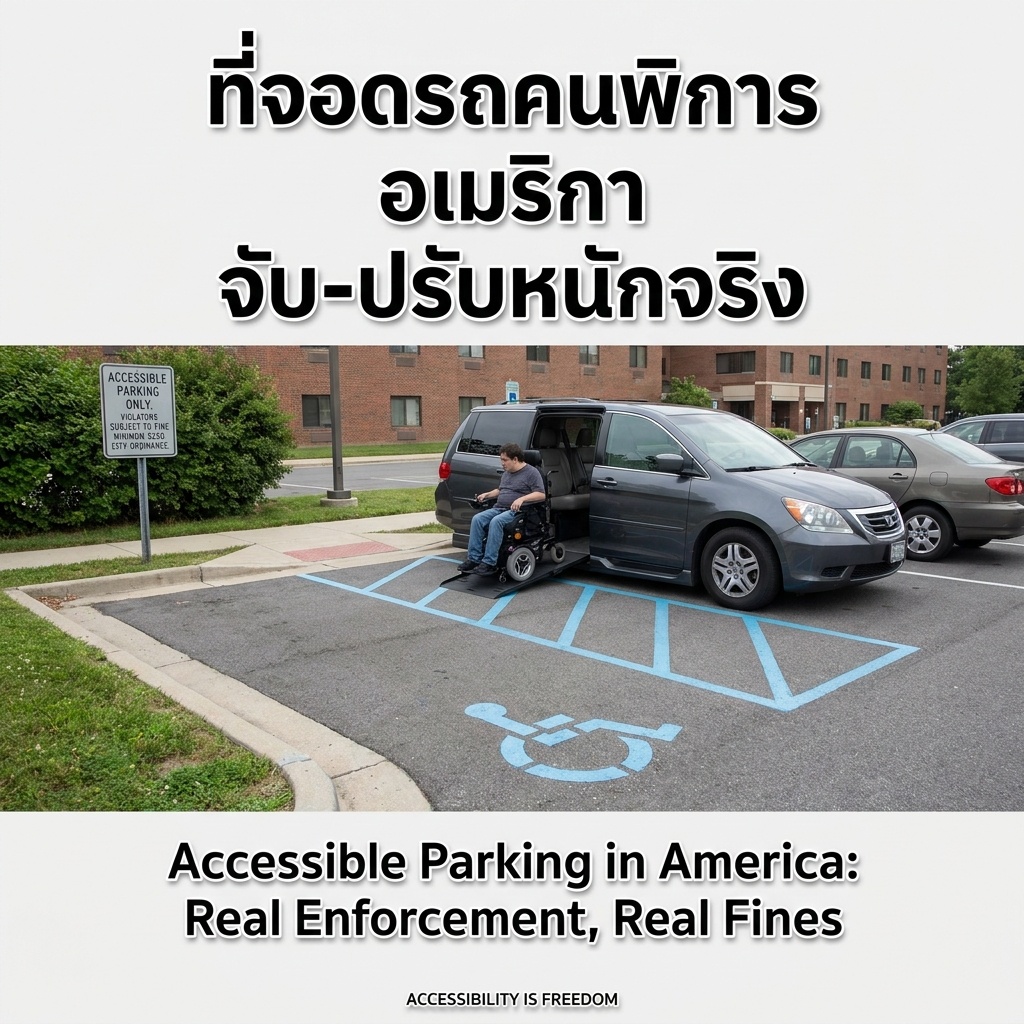 Accessible parking space in America: blue-lined space with wheelchair symbol, wheelchair user exiting van via ramp, fine sign posted, regular cars parked in background — a system that works.