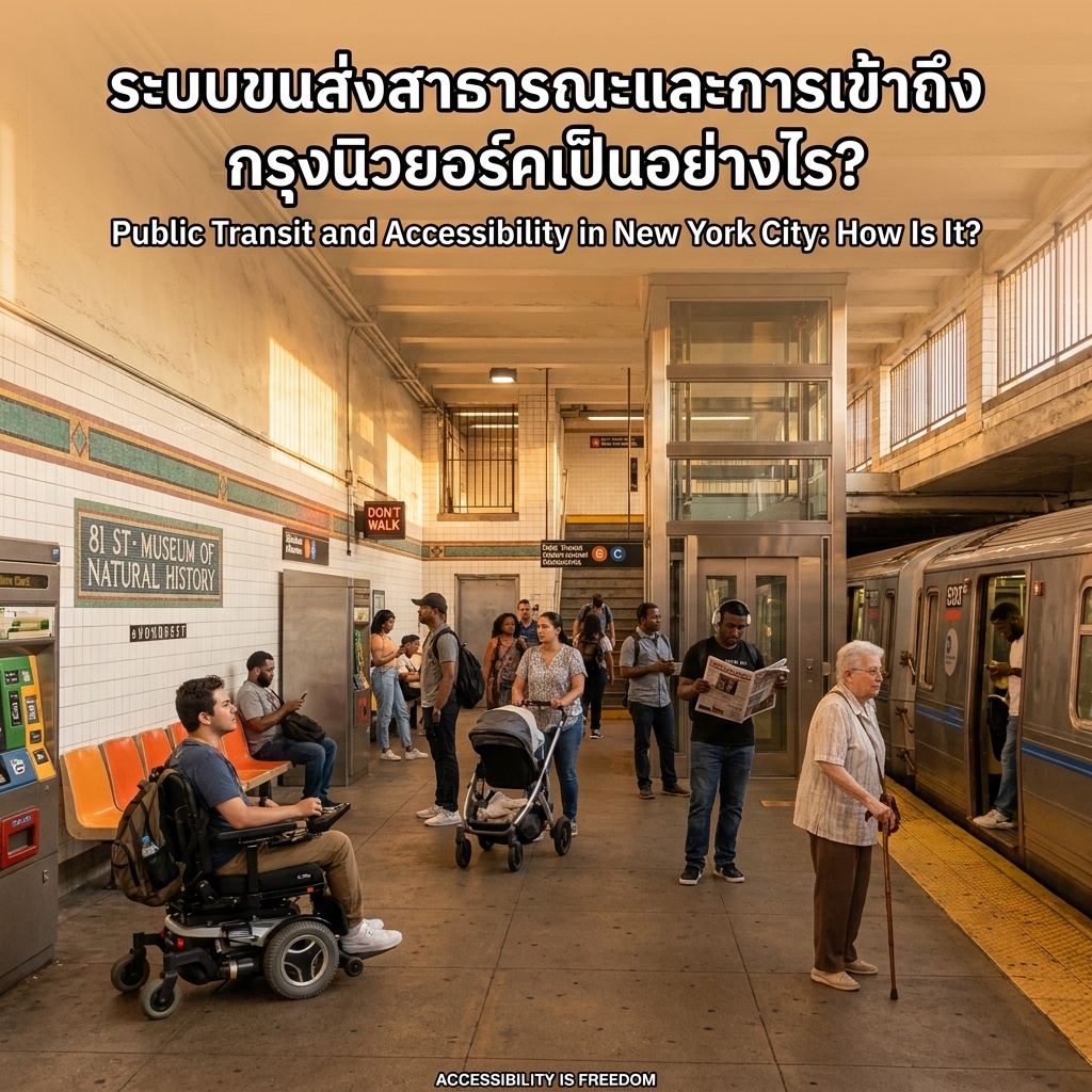 NYC subway station at golden hour. Amber light fills platform. Wheelchair user near left, parent with stroller, elderly woman with cane on right. Glass elevator right. MTA train at platform, doors open. Thai-English text overlays.