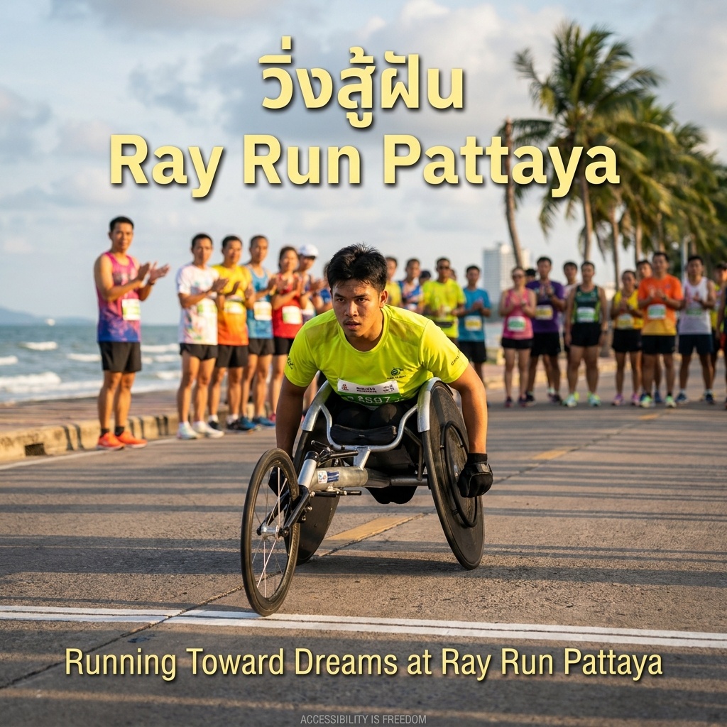 Thai wheelchair racer at Ray Run Pattaya starting line on a beachfront road. Focused expression, gripping an aerodynamic racing wheelchair angled forward. Golden-hour light, cheering participants and ocean in the background.