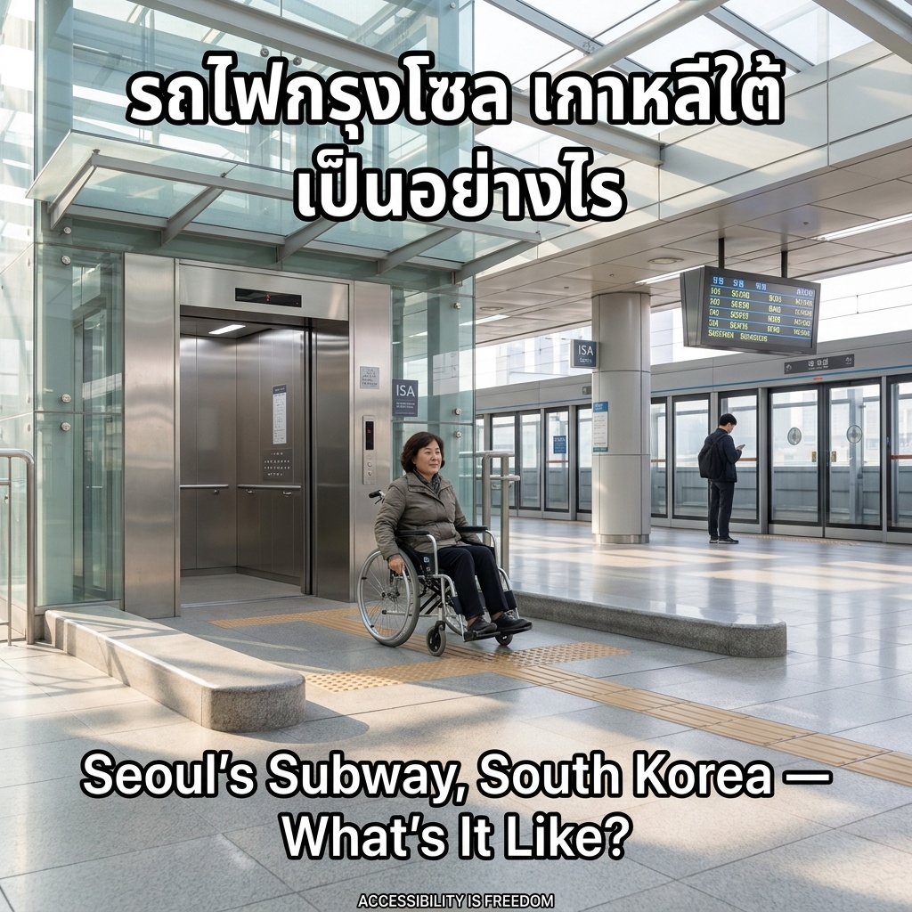 หญิงวัยกลางคนใช้รถเข็นเคลื่อนที่อย่างอิสระและมั่นใจในสถานีรถไฟใต้ดินโซลที่ทันสมัยและเงียบสงบ แสงอาทิตย์ส่องผ่านหลังคากระจก ประตูลิฟต์เปิดกว้างเผยให้เห็นภายในที่สะอาด มีป้ายแสดงข้อมูลดิจิทัลเรืองแสงสีฟ้า และปูทางนำทางสัมผัสที่ชัดเจน บรรยากาศสงบ ใช้งานได้จริง และผสานการเข้าถึงอย่างเป็นธรรมชาติ