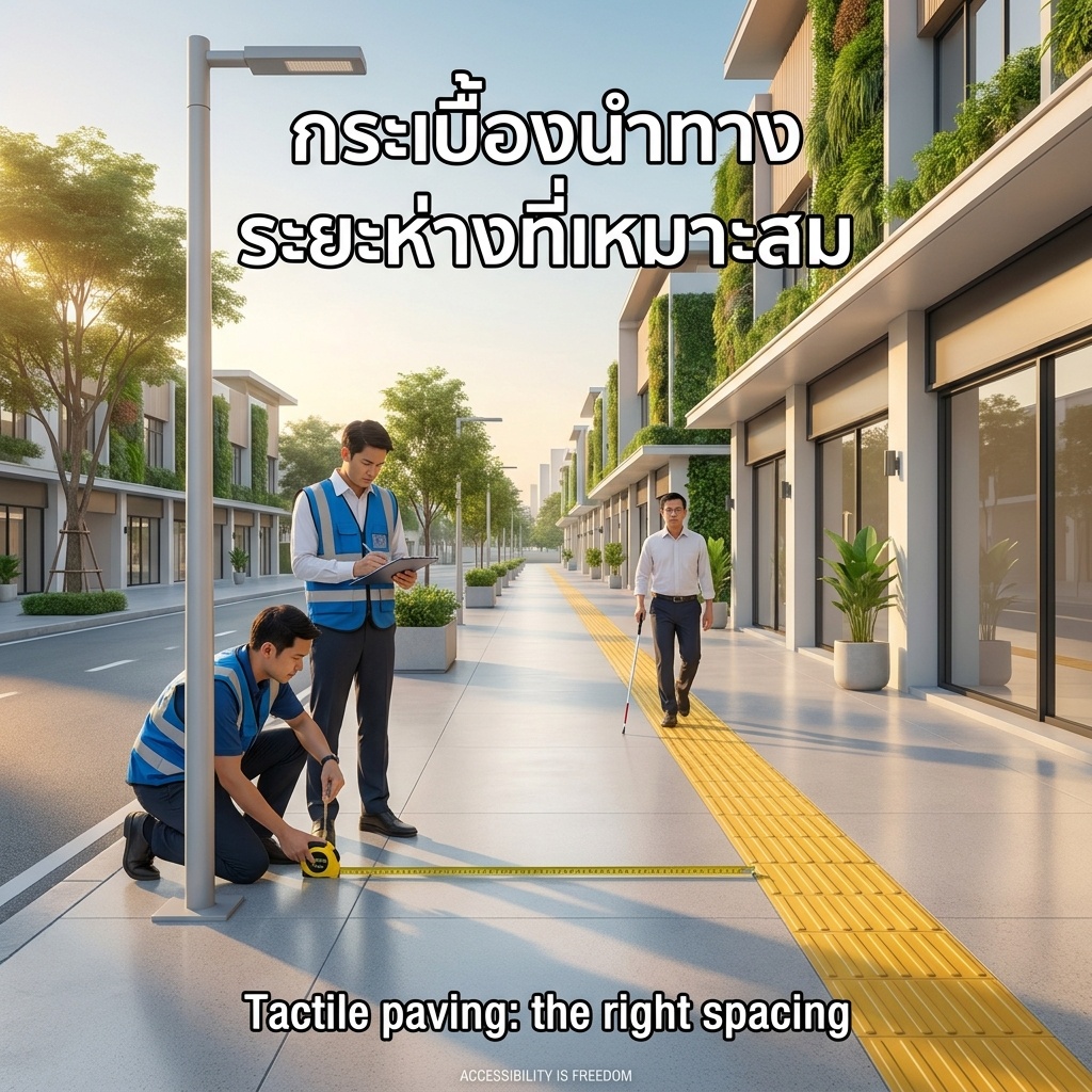 บนทางเท้ากรุงเทพฯ ในฝันยามเย็นฟ้าสีทอง วิศวกรกำลังวัดระยะห่างกระเบื้องนำทางสีเหลืองจากเสาไฟเกิน 60 ซม. เพื่อนร่วมงานกำลังจด ขณะผู้พิการทางการมองเห็นกำลังเดินอย่างมั่นใจด้วยไม้เท้าสีขาวตามแถบเหลี่ยมนูน