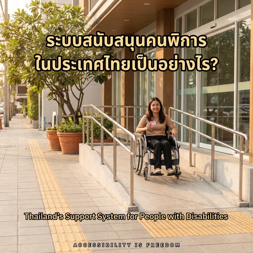 Young woman in manual wheelchair rolls up 1:12 ramp with handrails. Wide sidewalk with yellow tactile paving, modern building with automatic sliding doors. She holds a pink disability ID card. Warm lighting.