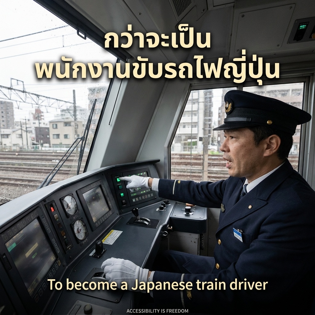 Japanese male train driver in dark blue uniform and white gloves inside a modern train cab, performing shisa kanko — pointing at controls and calling out signals aloud. Railway tracks and buildings visible through windshield under natural daylight. Thai text header top, English sub-header bottom. Reflects a safety system designed to help people do their best work.