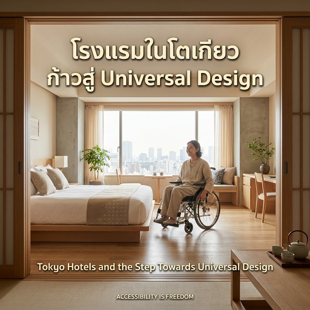 ห้องพักโรงแรมในโตเกียวที่ได้รับการปรับปรุงตามหลัก Universal Design มีพื้นที่กว้างขวางสำหรับรถเข็นและอุปกรณ์อำนวยความสะดวกที่ใช้งานง่าย เพื่อการท่องเที่ยวที่สะดวกสบายสำหรับทุกคน A Tokyo hotel room updated with Universal Design principles, featuring spacious areas for wheelchair access and user-friendly amenities, ensuring convenient travel for all.