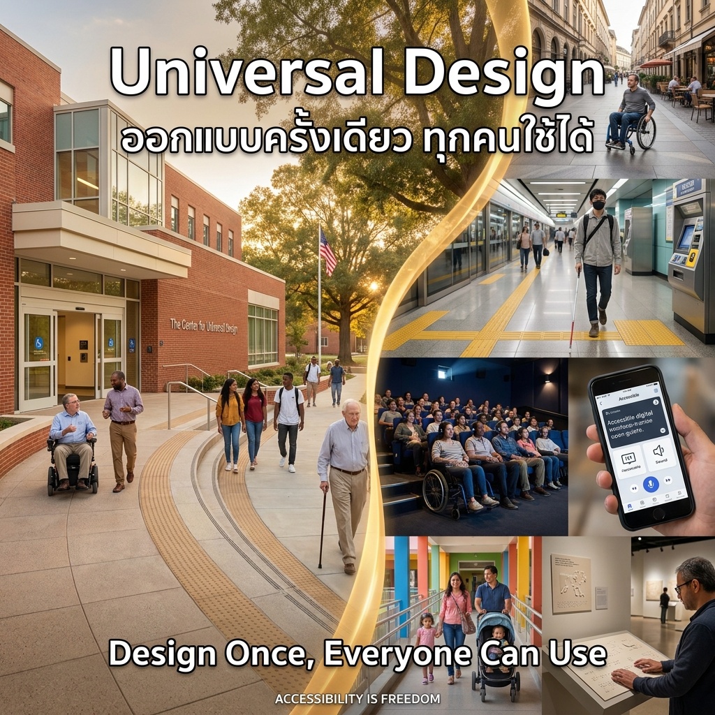 Golden light connects two halves. Left: a wheelchair user and students use integrated ramps at NCSU, birthplace of the Universal Design principles in 1997. Right: people worldwide navigate tactile paving and ramps in daily life.