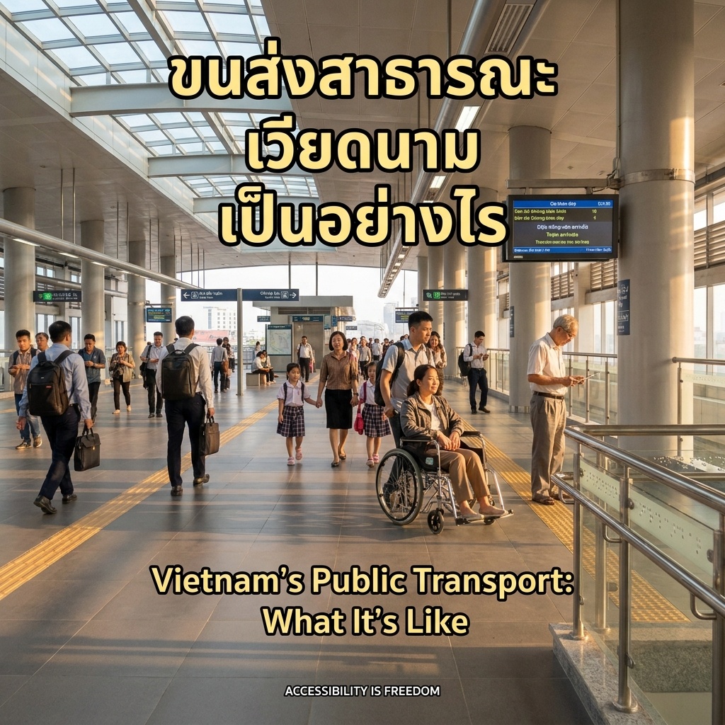 A Hanoi Metro elevated station: glass skylight, grey tile, yellow tactile paving. A man pushes a woman in a manual wheelchair. Elderly man on phone, mother with two girls in school uniforms. Green/silver train. Thai/English text.
