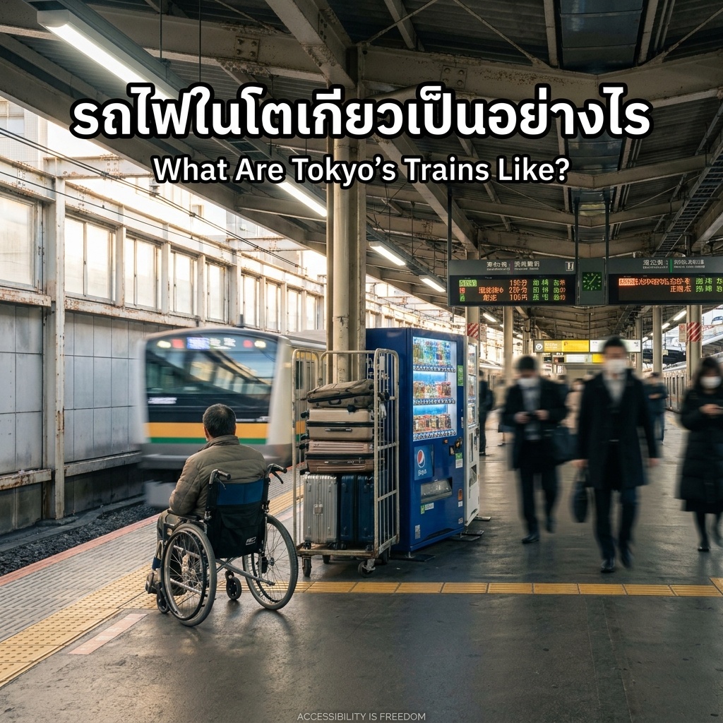 ผู้ใช้รถเข็นกำลังรอที่ขอบชานชาลาสถานีรถไฟโตเกียว รถไฟกำลังเคลื่อนออกเป็นภาพเบลอ มีทางเดินสัมผัสสีเหลืองถูกกีดขวางด้วยชั้นวางกระเป๋าและตู้ขายของอัตโนมัติ ผู้คนรอบข้างเบลอไร้ใบหน้า