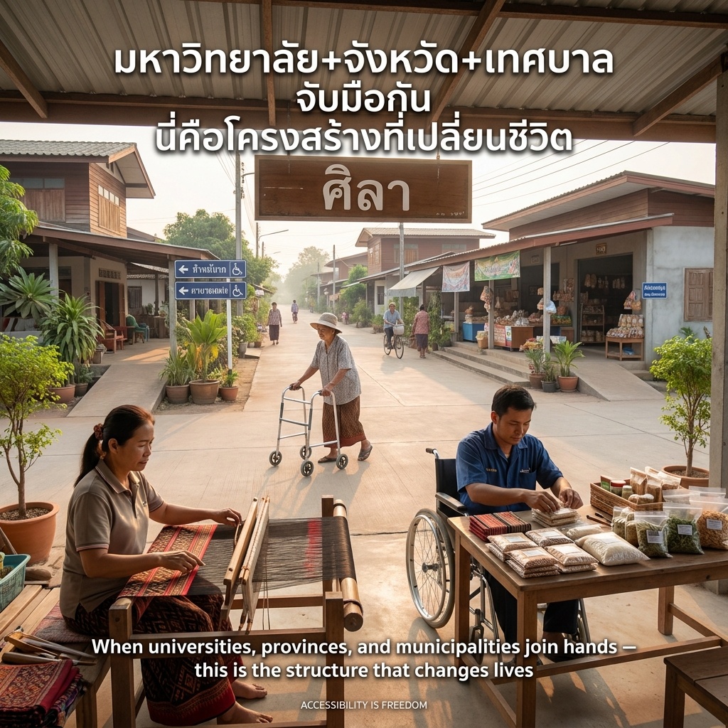 Documentary photo in Sila, Khon Kaen: smooth paths, ramps, Thai signage. A woman weaves textiles at a low workbench; a man organizes local goods beside her. An elderly person with a walker on the path. Sign: "ศิลา." Thai header: "มหาวิทยาลัย+จังหวัด+เทศบาล จับมือกัน นี่คือโครงสร้างที่เปลี่ยนชีวิต" English: "When universities, provinces, and municipalities join hands — this is the structure that changes lives" Watermark: "ACCESSIBILITY IS FREEDOM"
