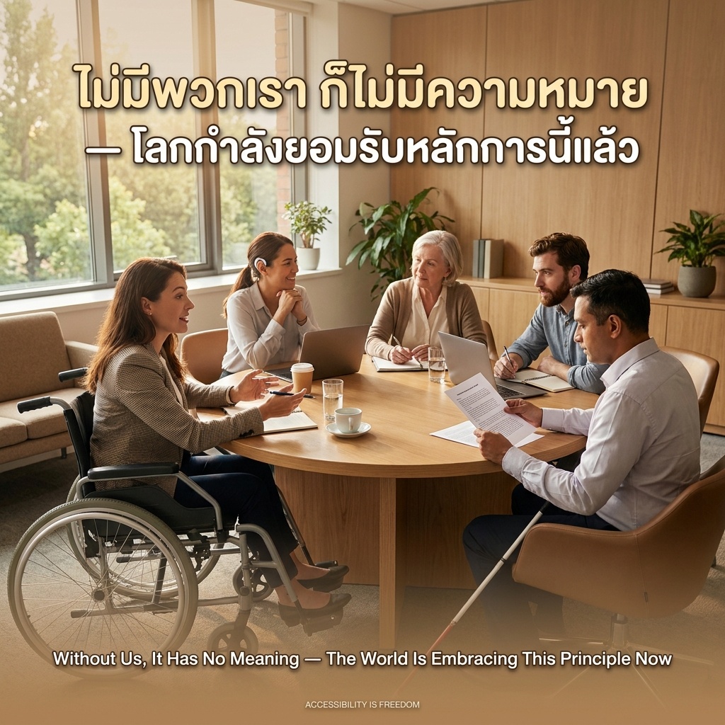 In a sunlit modern conference room, five professionals — including a woman in a wheelchair leading the discussion, a man with a white cane, and a woman with a hearing aid — collaborate around a round table. Everyone leans in, fully engaged. No one is being helped; no one is a guest. They are the decision-makers. Wheelchair-height table, wide clearances. Overlay text: Without Us, It Has No Meaning — The World Is Embracing This Principle Now